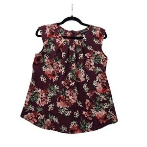 Twine & String Burgundy Floral Sleeveless Button Back Pleated Blouse Small